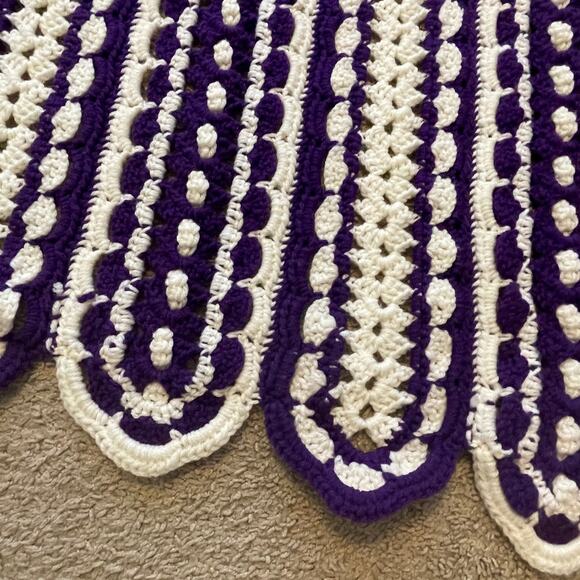 Vintage Crochet Afghan Blanket Striped Purple White - Picture 3 of 4